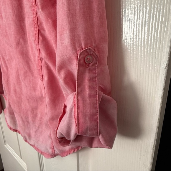 Roxy Pink Semi-Sheer Button-Up Shirt with Roll Tabs - Picture 5 of 7